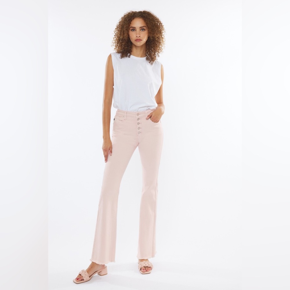 High-Rise Button-Front Flare Jeans - Blush Pink